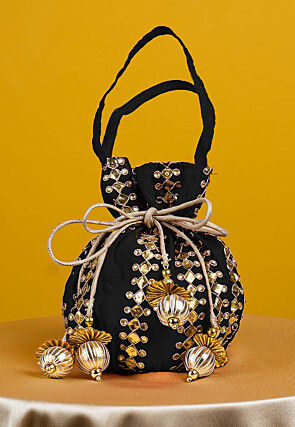 Gota Patti Art Silk Potli Bag in Black