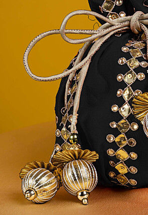 Gota Patti Art Silk Potli Bag in Black