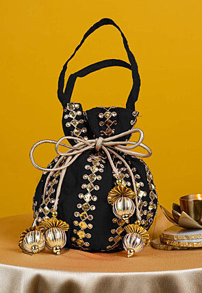 Gota Patti Art Silk Potli Bag in Black