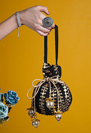 Gota Patti Art Silk Potli Bag in Black