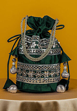 Gota Patti Art Silk Potli Bag in Dark Green