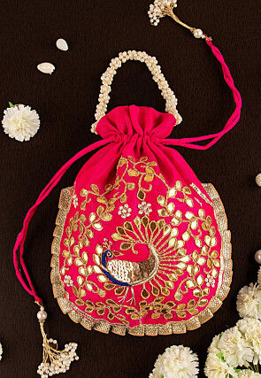 Gota Patti Art Silk Potli Bag in Fuchsia