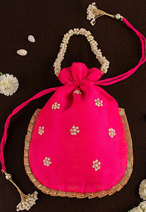 Gota Patti Art Silk Potli Bag in Fuchsia