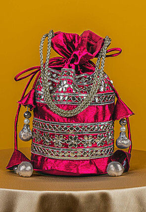Gota Patti Art Silk Potli Bag in Fuchsia