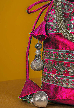 Gota Patti Art Silk Potli Bag in Fuchsia