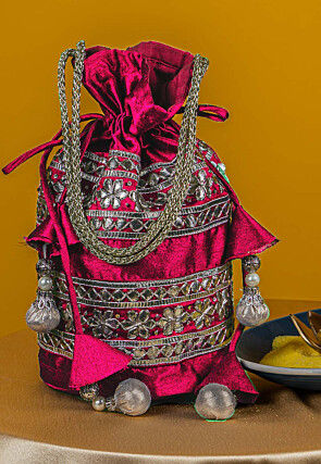 Gota Patti Art Silk Potli Bag in Fuchsia