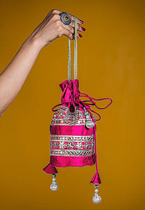 Gota Patti Art Silk Potli Bag in Fuchsia