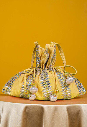 Gota Patti Art Silk Potli Bag in Light Yellow