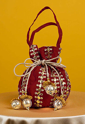 Gota Patti Art Silk Potli Bag in Maroon