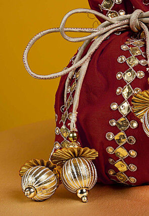 Gota Patti Art Silk Potli Bag in Maroon