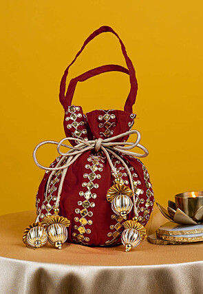 Gota Patti Art Silk Potli Bag in Maroon