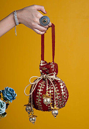 Gota Patti Art Silk Potli Bag in Maroon