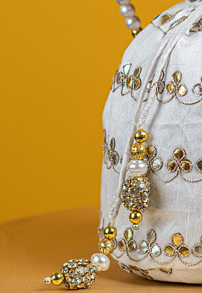 Gota Patti Art Silk Potli Bag in Off White