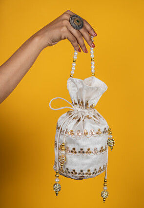 Gota Patti Art Silk Potli Bag in Off White