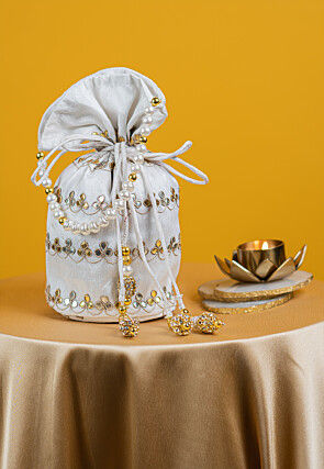 Gota Patti Art Silk Potli Bag in Off White