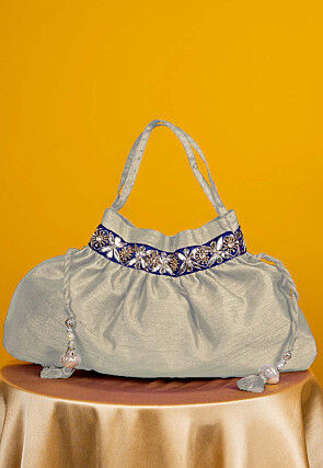 Gota Patti Art Silk Potli Bag in Off White