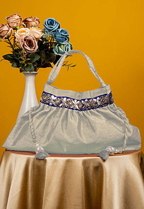 Gota Patti Art Silk Potli Bag in Off White