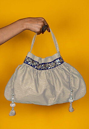 Gota Patti Art Silk Potli Bag in Off White