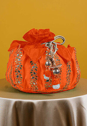 Gota Patti Art Silk Potli Bag in Orange