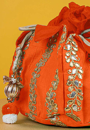 Gota Patti Art Silk Potli Bag in Orange