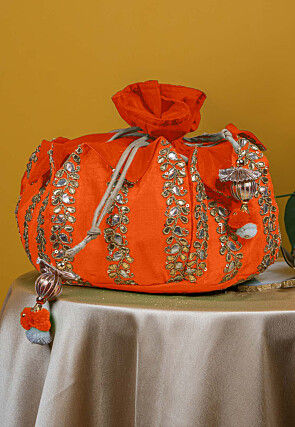 Gota Patti Art Silk Potli Bag in Orange