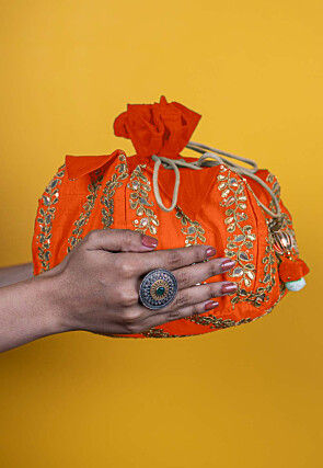 Gota Patti Art Silk Potli Bag in Orange
