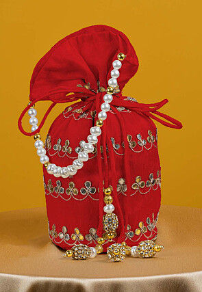 Gota Patti Art Silk Potli Bag in Red