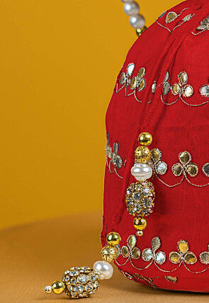 Gota Patti Art Silk Potli Bag in Red