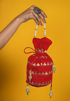 Gota Patti Art Silk Potli Bag in Red