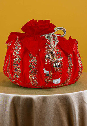 Gota Patti Art Silk Potli Bag in Red