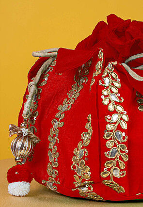 Gota Patti Art Silk Potli Bag in Red