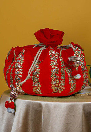 Gota Patti Art Silk Potli Bag in Red