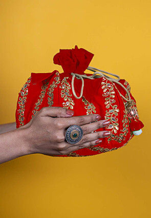 Gota Patti Art Silk Potli Bag in Red
