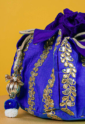 Gota Patti Art Silk Potli Bag in Royal Blue