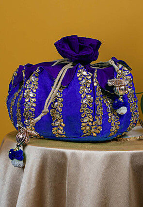 Gota Patti Art Silk Potli Bag in Royal Blue