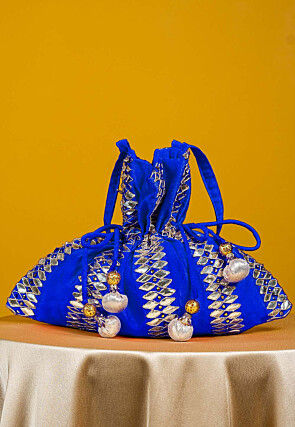 Gota Patti Art Silk Potli Bag in Royal Blue