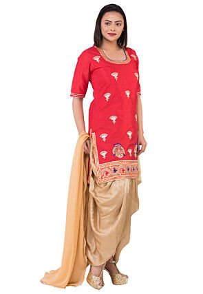 Gota Patti Bhagalpuri Silk Punjabi Suit in Red