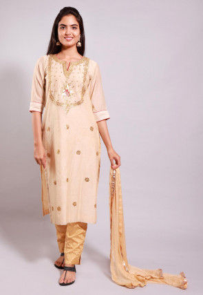 Gota Patti Chanderi Cotton Pakistani Suit in Beige