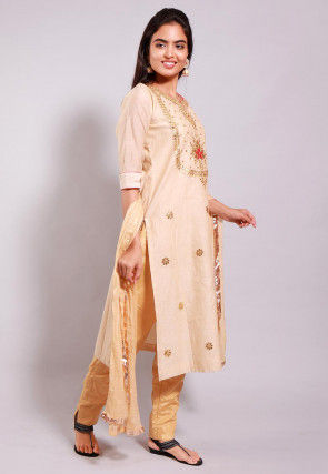 Gota Patti Chanderi Cotton Pakistani Suit in Beige