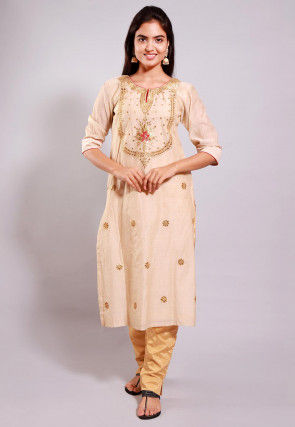 Gota Patti Chanderi Cotton Straight Kurta Set in Beige