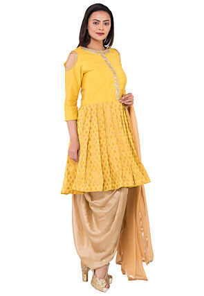 Gota Patti Chanderi Silk Jacquard Punjabi Suit in Yellow