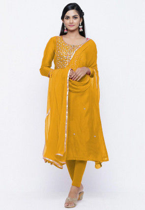 Gota Patti Chanderi Silk Straight Suit in Yellow