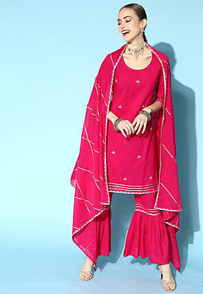 Gota Patti Cotton Pakistani Suit in Fuchsia