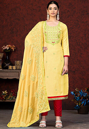 Gota Patti Cotton Pakistani Suit in Yellow