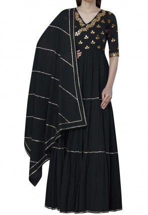 Gota Patti Cotton Silk Tiered Abaya Style Suit in Black