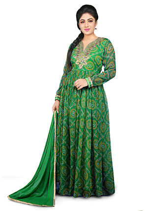 Gota Patti Embroidered Georgette Abaya Style Suit in Green