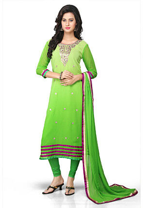 Gota Patti Embroidered Georgette Straight Suit in Shaded Green