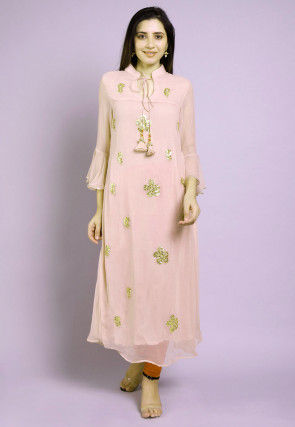 Gota Patti Georgette A Line Kurta in Baby Pink