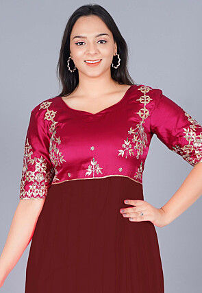 Gota Patti Georgette Abaya Style Suit in Brown and Magenta