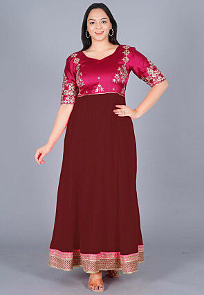 Gota Patti Georgette Abaya Style Suit in Brown and Magenta